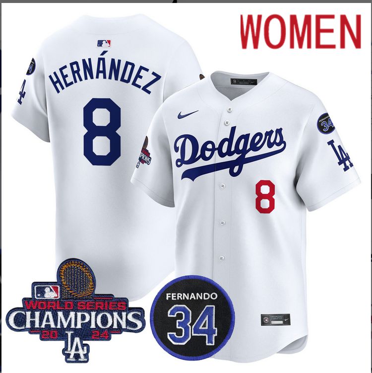 Women MLB Los Angeles Dodgers 8 Hernandez white 2024 World Series Champions Patch Limited Jersey style 2